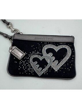 Coach Poppy Black Wristlet With Silver Glitter Hearts & Metallic Trim - 6x4 Inch